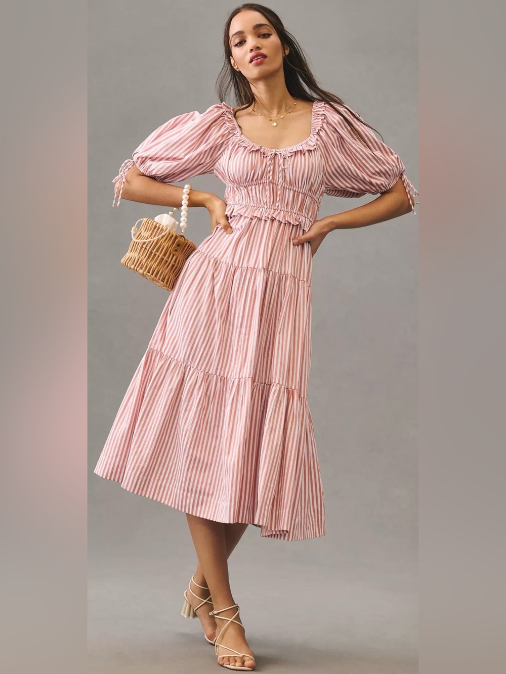 En Saison Coral Stripe Smocked Tiered Midi Dress - Size Large